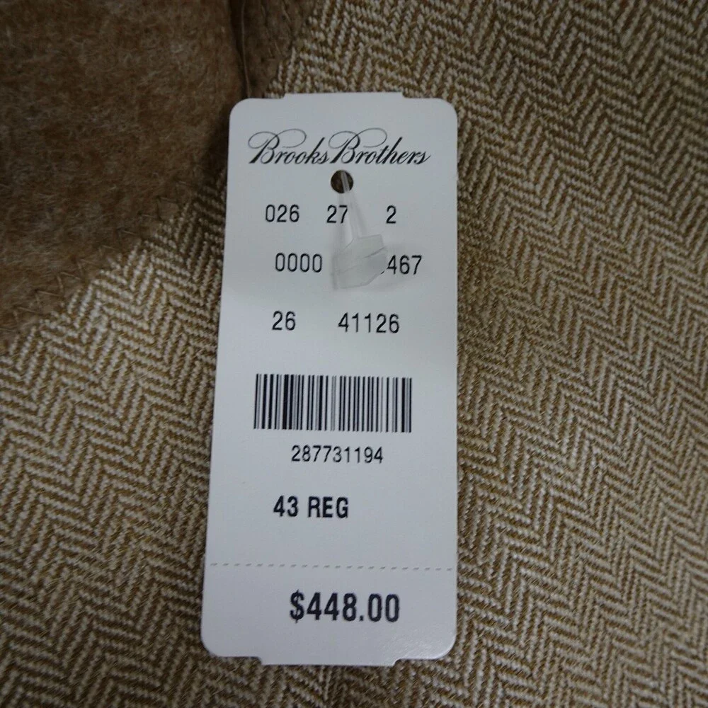 Brooks Brother Suit Jacket Mens 43R Beige Wool Linen Coat Blazer Houndstooth